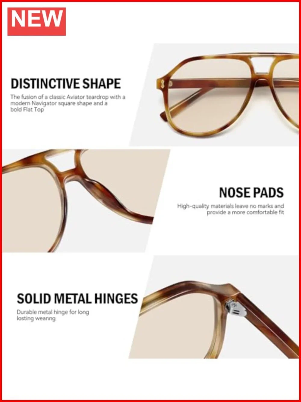 Oversized Square Aviator Sunglasses with Double Bridge UV Protection